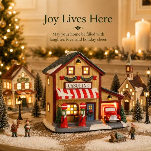 Ceramic Christmas Village House with Light-Up Gas Station - Holiday Decor - Variation of Gas Station