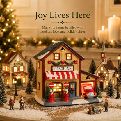 Ceramic Christmas Village House with Light-Up Gas Station - Holiday Decor - Variation of Gas Station