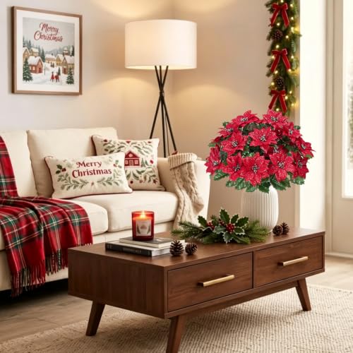 Xmas A-4 Pcs Christmas Cemetery Flowers for Grave Artificial Poinsettias - 48 Stems