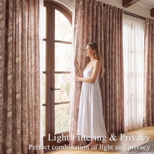 Terracotta Floral Linen Curtains 84 inches - Pack of 2, 52"W x 84"L
