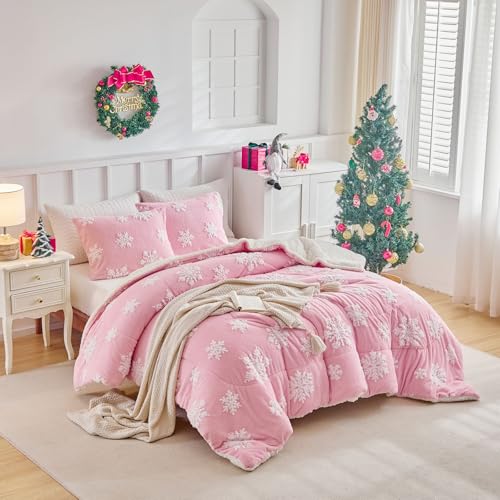 Pink Snowflake Queen Comforter Set Flannel Fleece Sherpa Winter Bedding