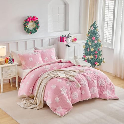 Pink Snowflake Queen Comforter Set Flannel Fleece Sherpa Winter Bedding