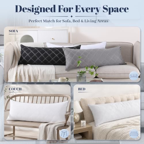 White Memory Foam Pillow Insert 14x36 Inch with Diamond Quilted Cover - Versatile Lumbar Cushion