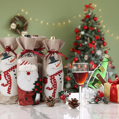 Christmas Burlap Wine Bottle Gift Bags Set of 4 - 13 x 5.5 Inches