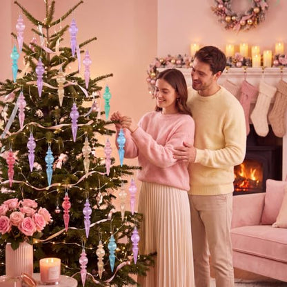 Pastel Crystal Finial Ornaments for Christmas Tree - Classic Style, 6.6 In, 12 Pcs