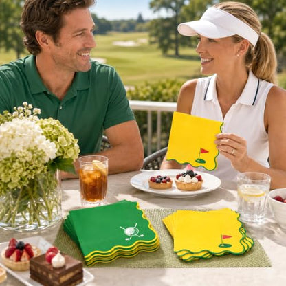 Golf Cocktail Napkins 50 Pack - Bright Yellow & Green, Scalloped 3-Ply Party Supplies