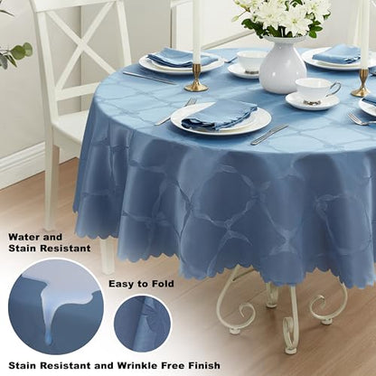 Round Blue Holiday Ribbons and Bows Tablecloth 70 Inch - Damask Fabric