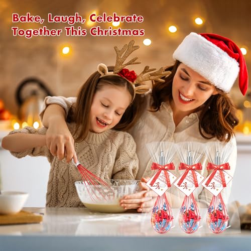 Christmas Red Silicone Whisk Gift Set - 8 Pack 10 Inch Kitchen Utensils with Greeting Cards & Ribbons