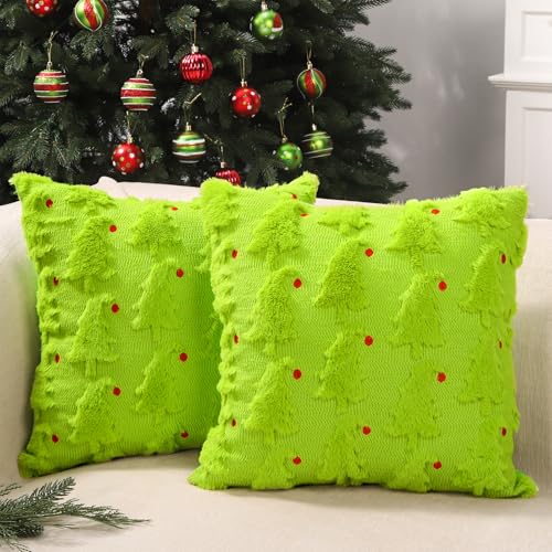 Green Christmas Pillow Covers Set of 2 - 18x18 Faux Fur Decor with Red Ball Embroidery - Variation Green2