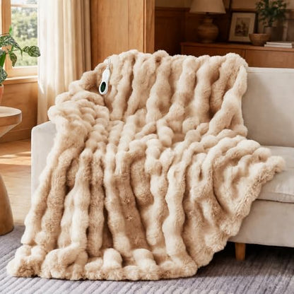 Electric Heated Faux Rabbit Fur Bubble Throw Blanket - Beige Tie-Dye 50x60"