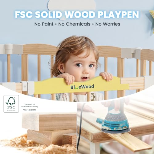 Foldable Wooden Baby Playpen - Natural Pine, 55 x 55 x 24 Inches - Safety Certified, Adjustable Shape, Portable Baby Gate