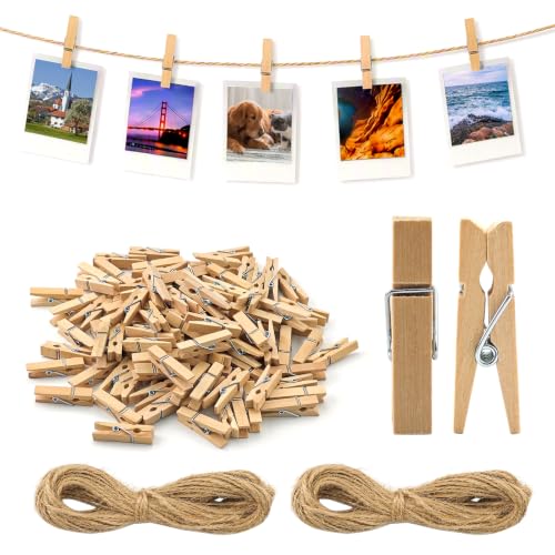 Mini Wooden Clothespins for Photos and Crafts - 100 Pack with 2 Jute Strings