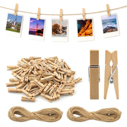 Mini Wooden Clothespins for Photos and Crafts - 100 Pack with 2 Jute Strings