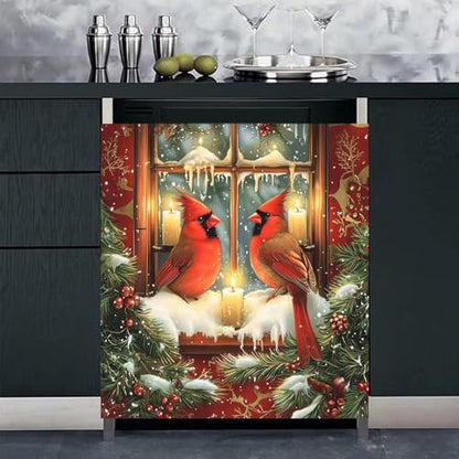 Red Bird Christmas Snow Scene Dishwasher Magnet Cover 28" Variation