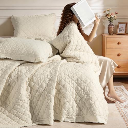 King Size Linen Quilt Set with Cotton Back & Diamond Stitch - Flax & Cotton Bedding