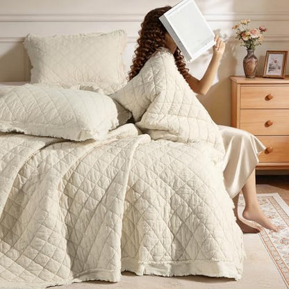 King Size Linen Quilt Set with Cotton Back & Diamond Stitch - Flax & Cotton Bedding