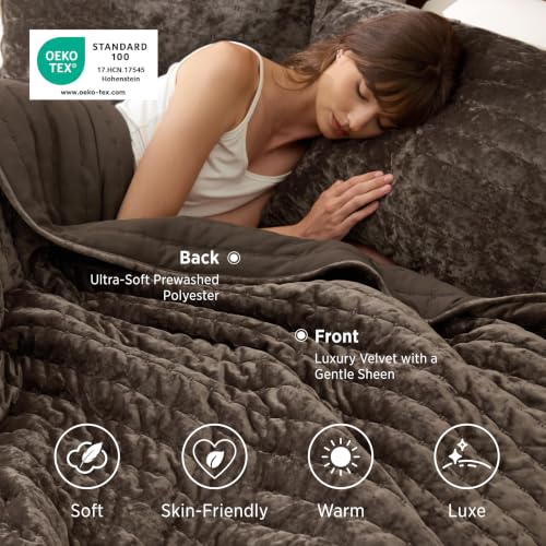 Bedsure Velvet Quilt Set King Size - Brown Luxury Bedspread with Pillow Shams