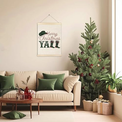Western Christmas Wall Decor - Merry Christmas Y'all Cowboy Boots Wall Art with Wooden Poster Hanger - 12x16 Inches - Variation of 15-wall art-Christmas second