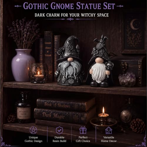 Gothic Gnome Statues Set - Halloween Witch and Bat Figurines for Dark Decor