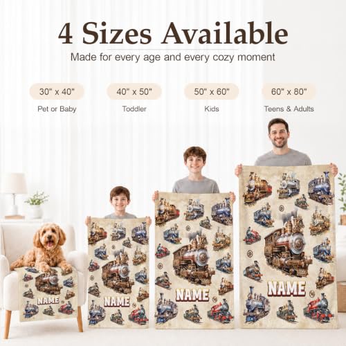 Personalized Boys Train Blanket - Brown Flannel Kids Throw