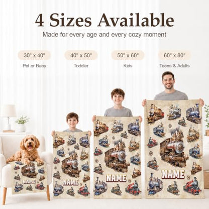 Personalized Boys Train Blanket - Brown Flannel Kids Throw