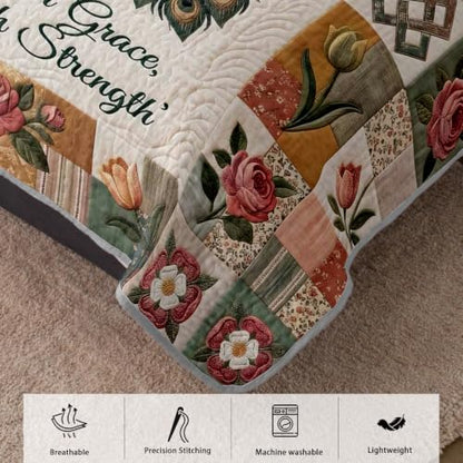 Queen Size Patchwork Peacock Bedspread Coverlet Set - 3 Pieces, Pink Roses & Floral Quilt with Pillow Shams, Green Metallic Tail Design, Garden Room Decor