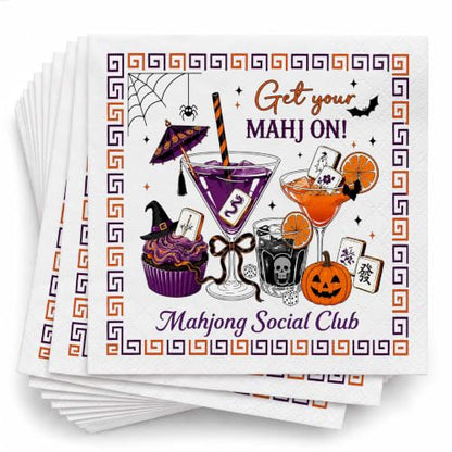 Halloween Mahjong Cocktail Napkins - Spooky Bat & Pumpkin Party Decor