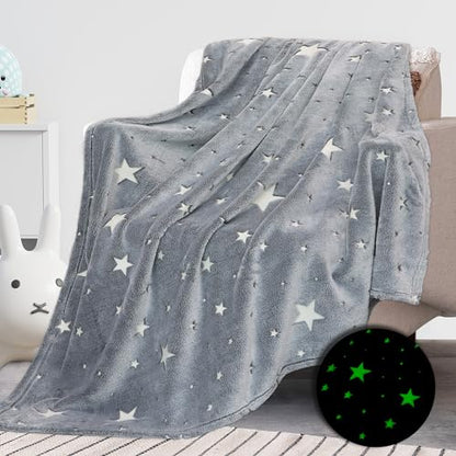 Glow in the Dark Star Space Blanket for Kids - Fluorescent Stars, 50 x 60 inches, Soft Fuzzy Galaxy Throw for Boys and Girls