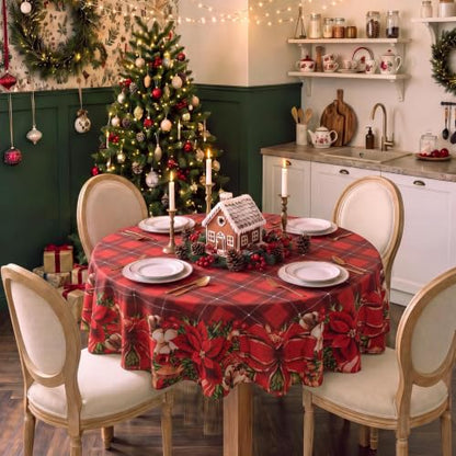Softalker Christmas Plaid Round Tablecloth 70 Inch - Red Checkered, Flower Variation