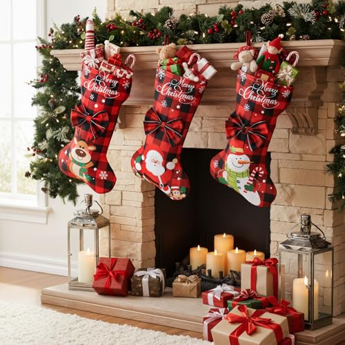 3 Pack Dog Christmas Stockings Bone Shape Buffalo Plaid Large Holiday Decor