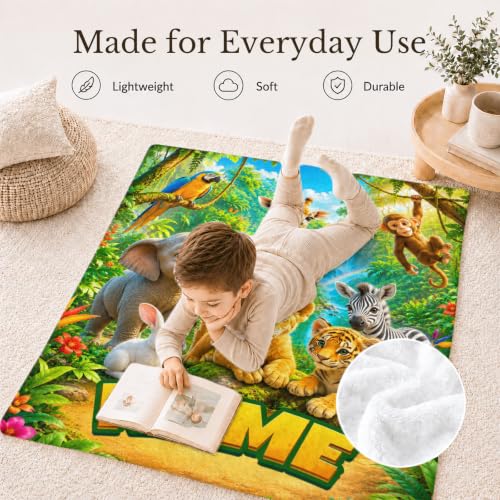 Personalized Kids Blanket for Boys - Animal Design, Yellow, Custom Name Gift