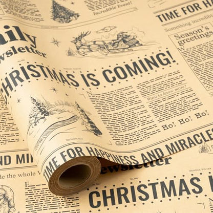 Christmas Newspaper Wrapping Paper Roll - Kraft Gift Wrap with Festive Headlines, 30 in x 32.8 ft, Vintage Holiday Design