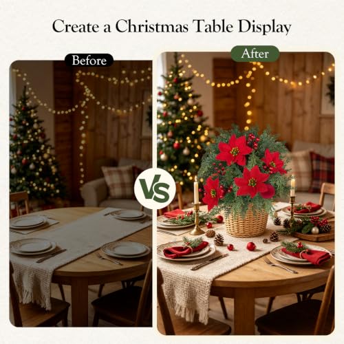 Artificial Poinsettia Stake with Pine Berries - Red & Green 2 Pack for Christmas Decor
