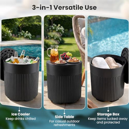 GIANTEX 3-in-1 Outdoor Ice Bucket Cooler Side Table with Storage - Black