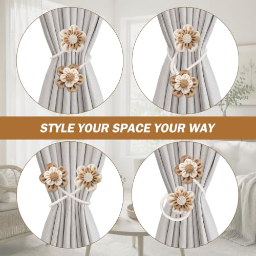 2 Pack Flower Curtain Tiebacks - Linen Cotton Decorative Holdbacks White & Khaki