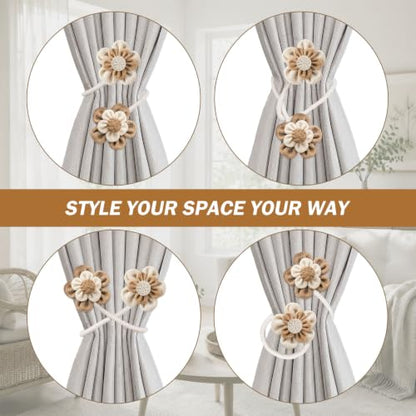 2 Pack Flower Curtain Tiebacks - Linen Cotton Decorative Holdbacks White & Khaki