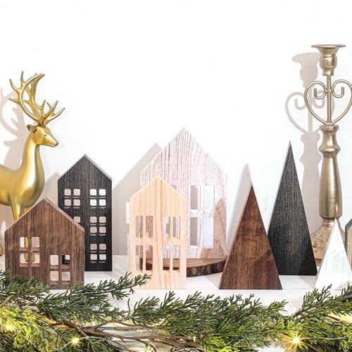 Wooden Christmas Village Houses Set with Trees - Rustic Holiday Decor