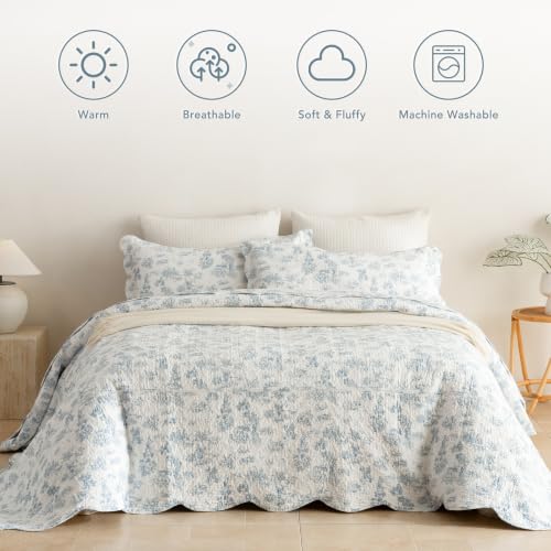 Lady Ann Oversized Floral King Bedspread Set - Light Blue 120x120 Inches, 3 Piece Cotton Quilt with Scalloped Edges, California King Variation