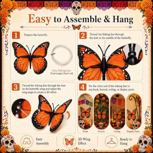Monarch Butterfly Hanging Decorations Set - Day of the Dead Dia De Los Muertos Decor