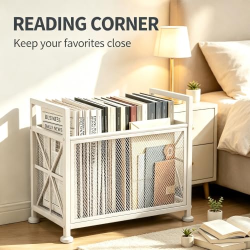 White Metal Floor Magazine Rack Freestanding Book Holder with Handles