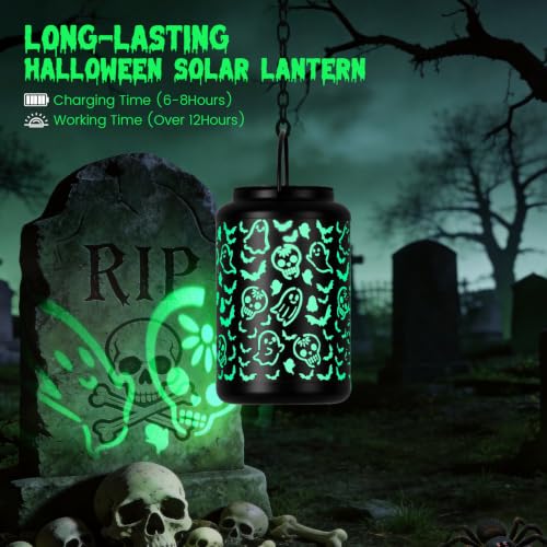 Outdoor Halloween Skull & Ghost Solar Lantern with Green Light
