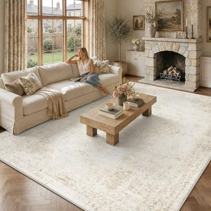Washable 8x10 Area Rug for Living Room Vintage Boho Medallion Beige Non-Slip Low Pile Carpet