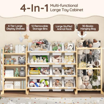 64-Inch Large Toy Storage Organizer with 4 Kids Bookshelf & 12 Bins - Toddler Playroom Storage