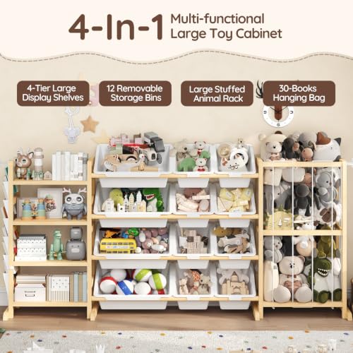 4-in-1 Kids Toy Storage Organizer with 12 Bins & Plush Rack - 64W