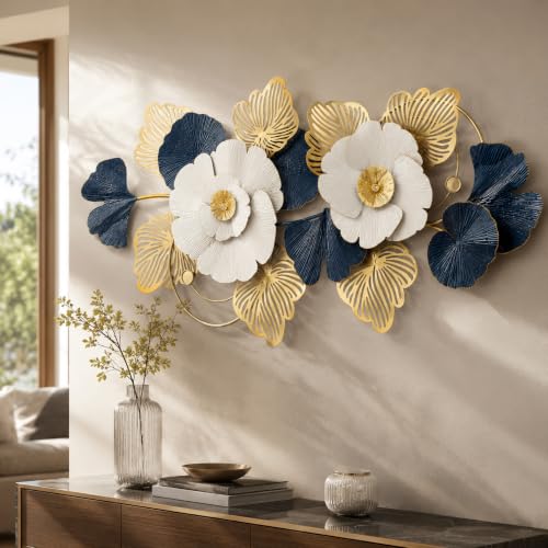 Large 3D Floral Metal Wall Art - White, Navy Blue & Gold Finish - 51x24 Inch