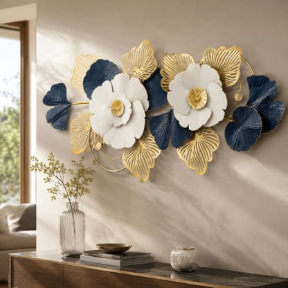 Large 3D Floral Metal Wall Art - White, Navy Blue & Gold Finish - 51x24 Inch