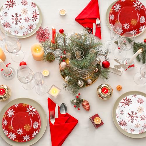 Disposable Winter Paper Bowls Set - Red White Snowflake Pattern, 12 Oz, 100 Pack