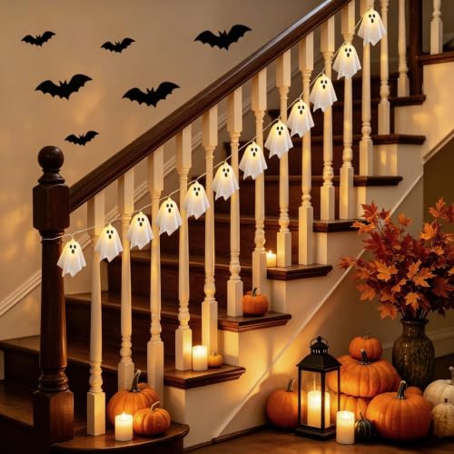 Ghost LED Light Up Garland - Halloween Decoration, 9.8ft, 20 Ghosts, Battery Powered, Handmade
