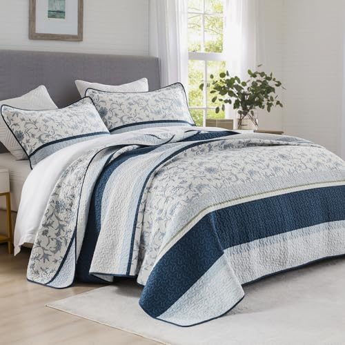 Oversized King Cotton Quilt Set with 2 Pillow Shams, Floral Design, Navy/Light Blue/White