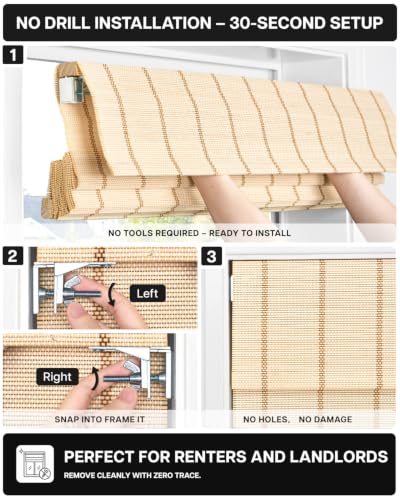 No Drill Bamboo Roman Shade - 24x48 Inch Cabana Natural Woven Window Covering
